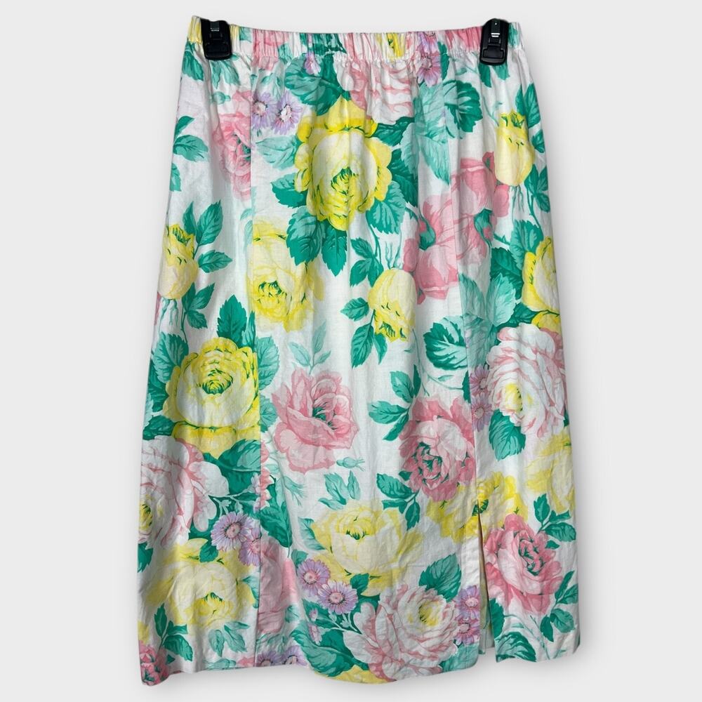 Vintage 80s‎ Victoria Billings White Cotton Blend Rose Floral Midi Skirt XXS-XS